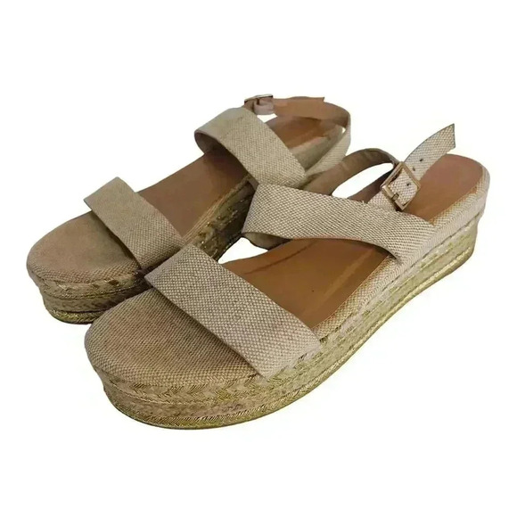 Bamboo Platform Espadrille Sandals Cream and Gold Canvas Woven Size 10 - Picture 2 of 10